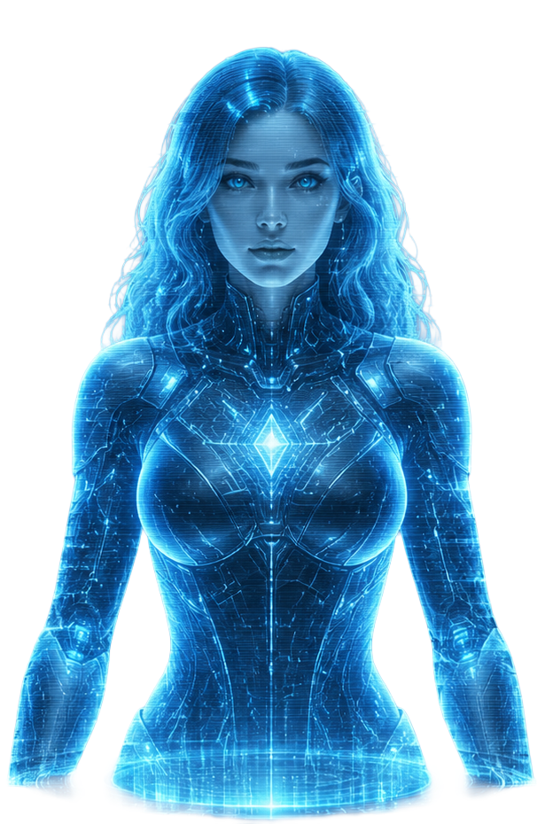 Abriella, the approved public CYRION-OS identity artwork, rendered as a blue holographic human-centered AI figure.