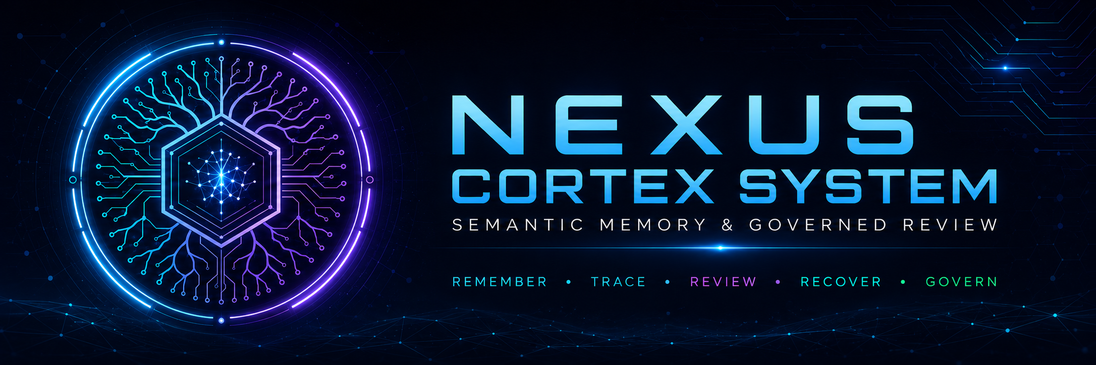 Nexus Cortex System semantic memory and governed review banner with a branching tree emblem and the words Remember, Trace, Review, Recover, Govern
